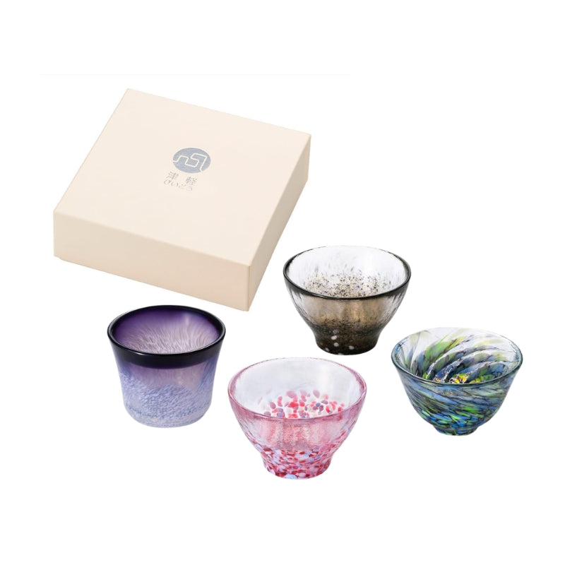 日本預訂|全港免運|津輕 - 日本製青森縣清酒杯套裝 禮盒包裝 Sake Cup 玻璃杯 料理碗 四季靈感設計 (1套4隻) 【約10-15個工作日內寄出】