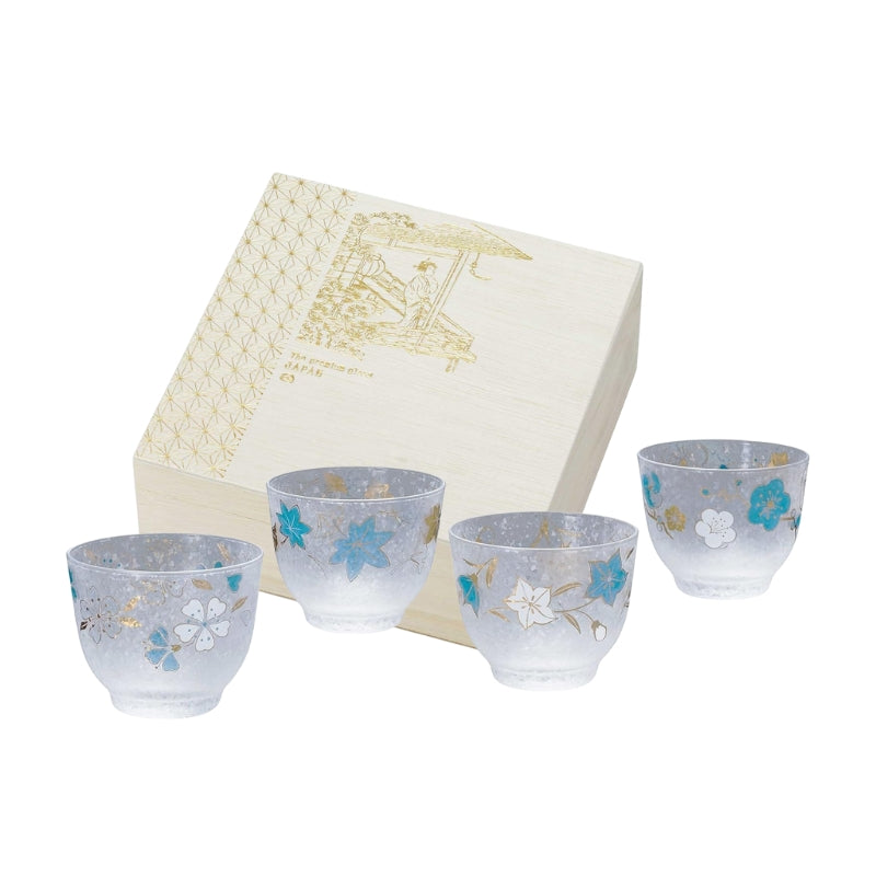 日本預訂|全港免運|Aderia - 日本製玻璃茶杯套裝 藍櫻 禮盒木盒包裝 玻璃杯 Premium Glass (4隻 175ml)【約10-15個工作日內寄出】