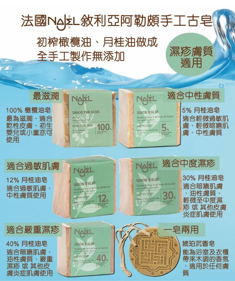 香港現貨|全港免運|NAJEL - 30%月桂油+70%橄欖油 阿勒頗天然手工古皂【法國品牌 香港行貨】油性、暗瘡肌膚適用 Aleppo Soap
