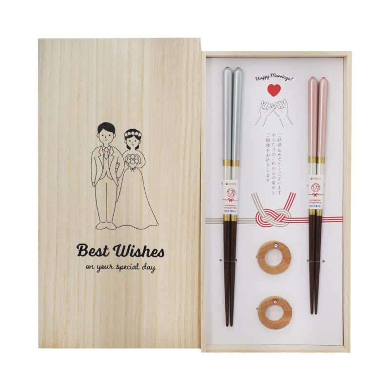 日本預訂|全港免運|Ishida - 日本製婚姻結婚筷子 夫婦箸 桐木盒包裝 附筷子架 祝賀新婚 香檳色對筷禮盒【約2-3個星期內寄出】