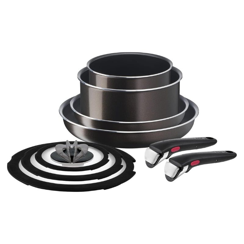 日本預訂|全港免運|T-Fal - 2手柄慳位廚具套裝 9件套 日本版Tefal ingenio (棕色, 只限直火使用) 【平行進口|約10-15個工作日內寄出】