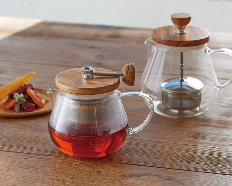 預訂|全港免運|Hario - 橄欖木濾壓玻璃茶壺Pull-up Tea Maker TEO-45-OV (450ml)【平行進口|約10-15個工作日內寄出】