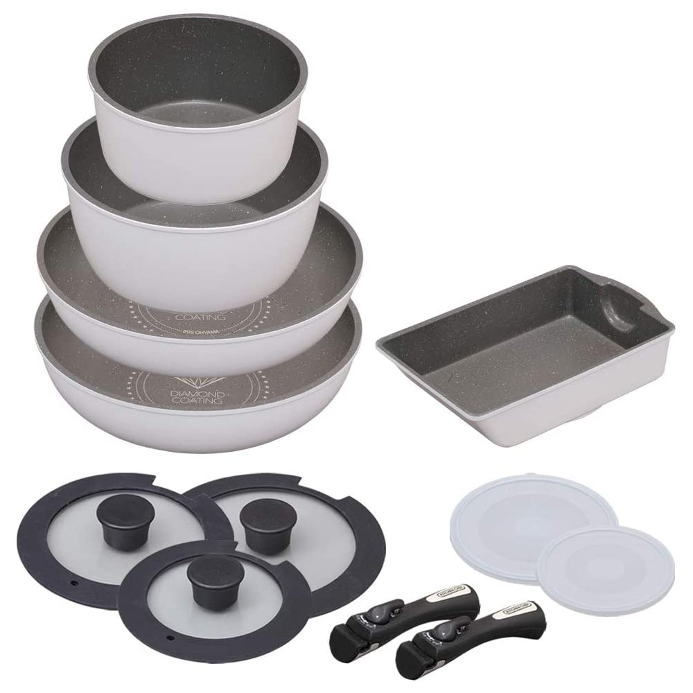 預訂|全港免運|Iris Ohyama - 日本品牌 可拆式把手 慳位方便 鑽石塗層鍋具廚具套裝 IH對應 (12件裝 白色)【約2-3星期內寄出】