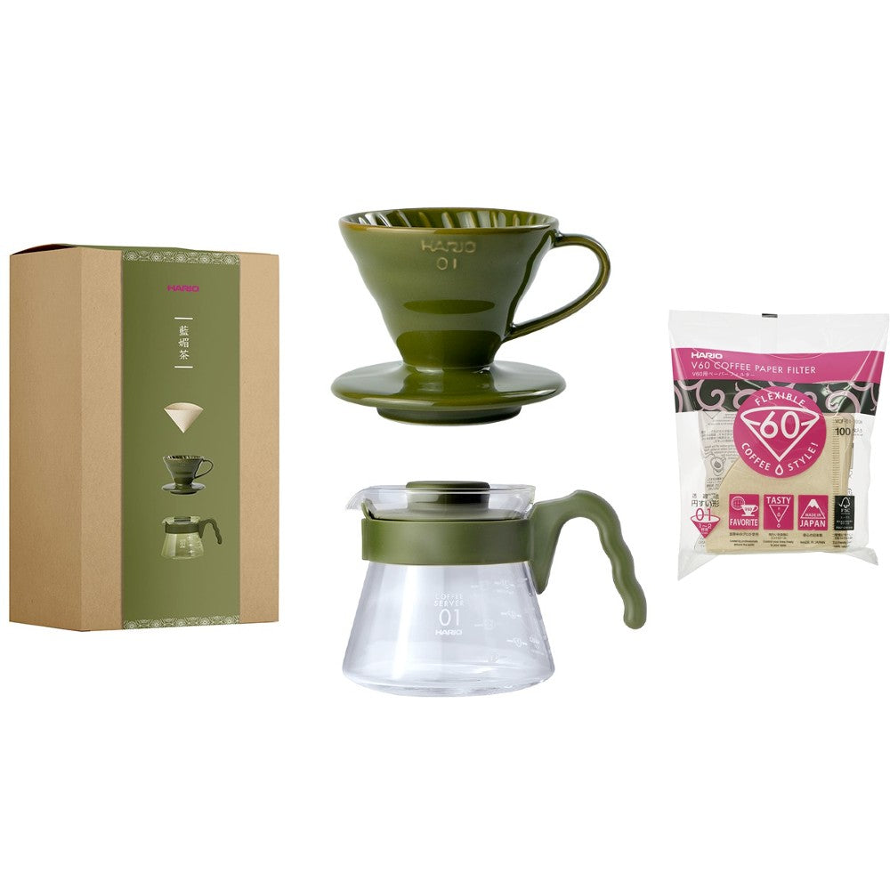 現貨|全港免運|HARIO - V60 SET 藍媚茶色 01陶瓷濾杯咖啡壺組 手沖咖啡壺組套裝 (1-2杯) VCSC-4701-OG【平行進口】