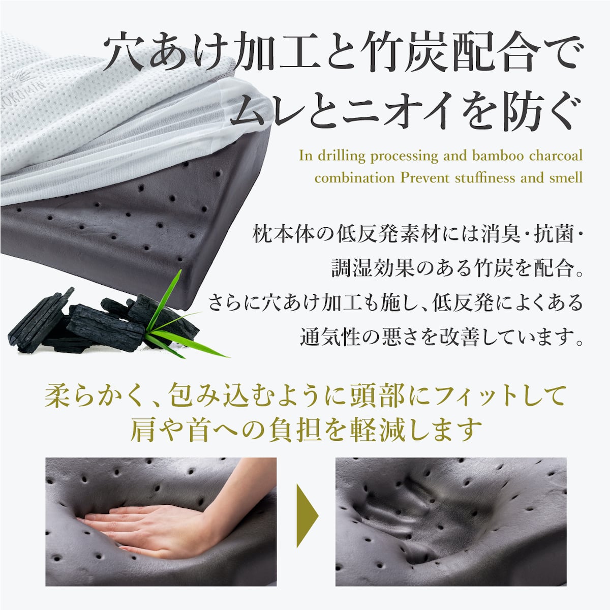預訂｜全港免運｜GOKUMIN - 日本品牌 優質記憶海綿枕 Premium Memory Foam Pillow｜高度調節｜減少肩頸痛｜竹炭配合消臭【約10-15個工作日內寄出】